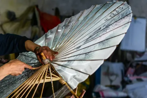 The dying art of Chinese oil-paper umbrellas: silk-like paper stretched over bamboo, painted with luck-bringing motifs.